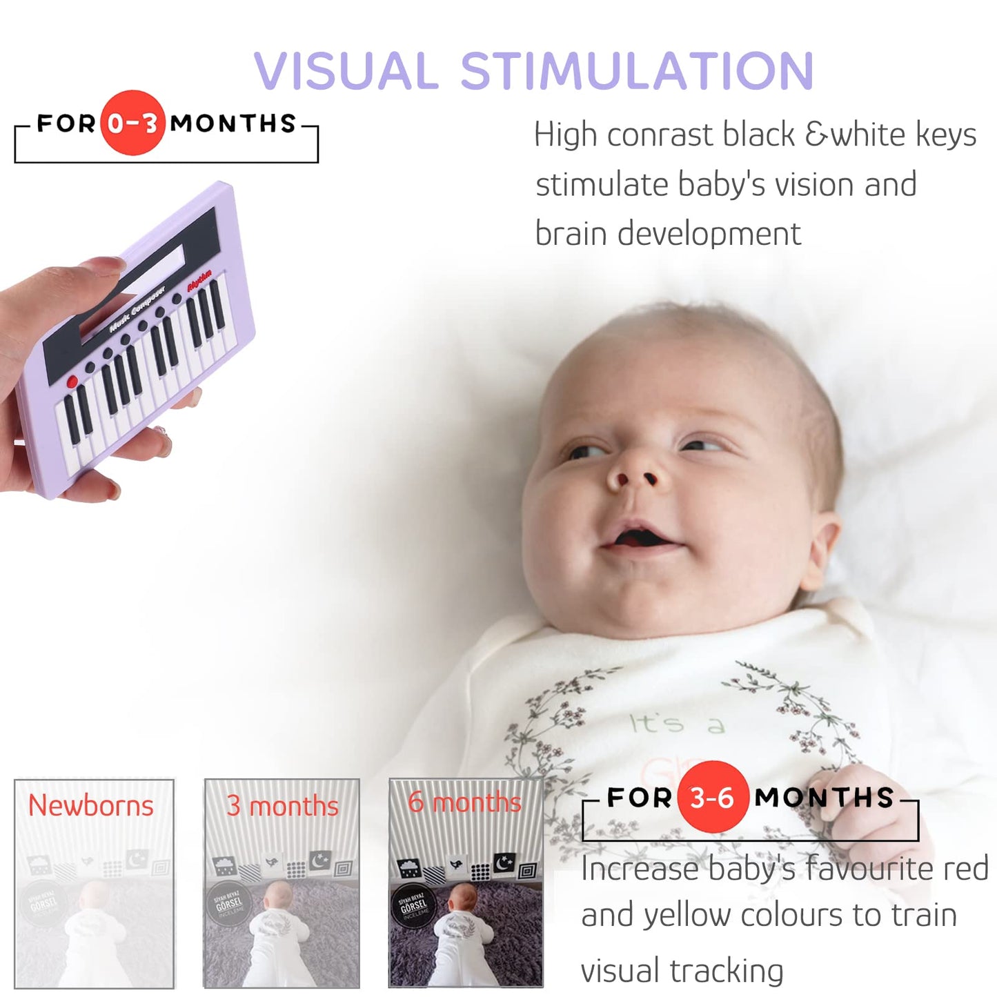Unique Cute Silicone Newborn Baby Girl Shower Gifts Piano Teething Toy- Black and White High Contrast Visual Stimulation Develop
