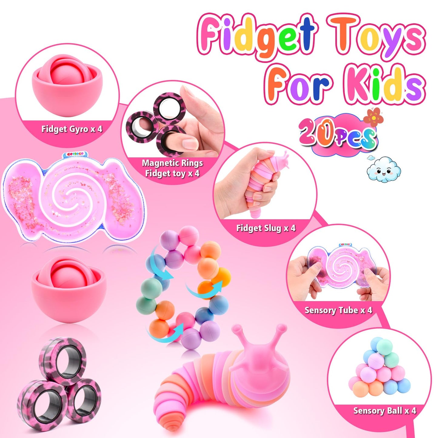 Cevioce 20Pcs Fidget Toys Adults Pack,Stocking Stuffers For Teens Boys Girls,Autism Sensory Toys With Fidget Spinner Slug Magnetic Rings,Squishy Fidget Toys Adhd Stress Relief,Party Favor For Kid-Bpyp