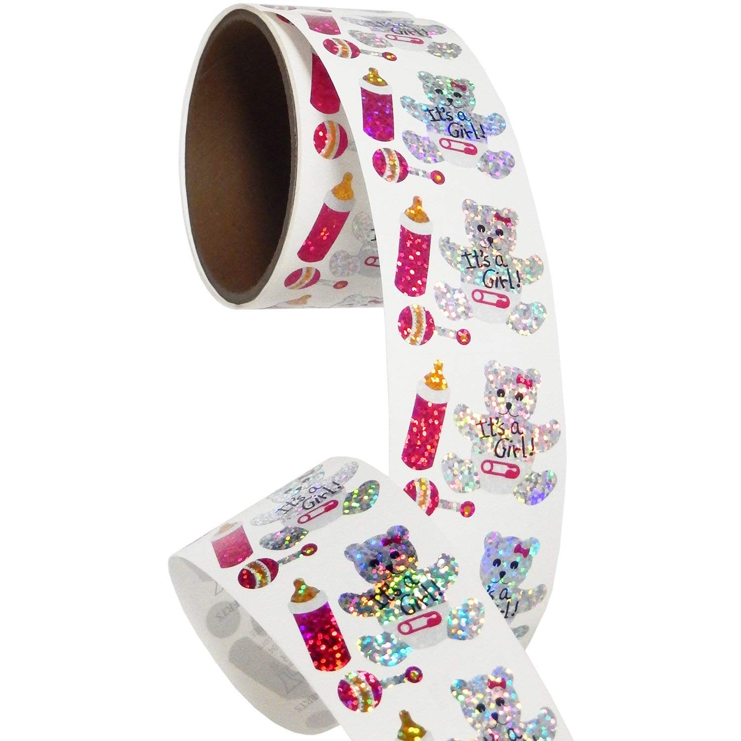 Bulk Roll Prismatic Stickers, Its A Girl/Teddy (100 Repeats)