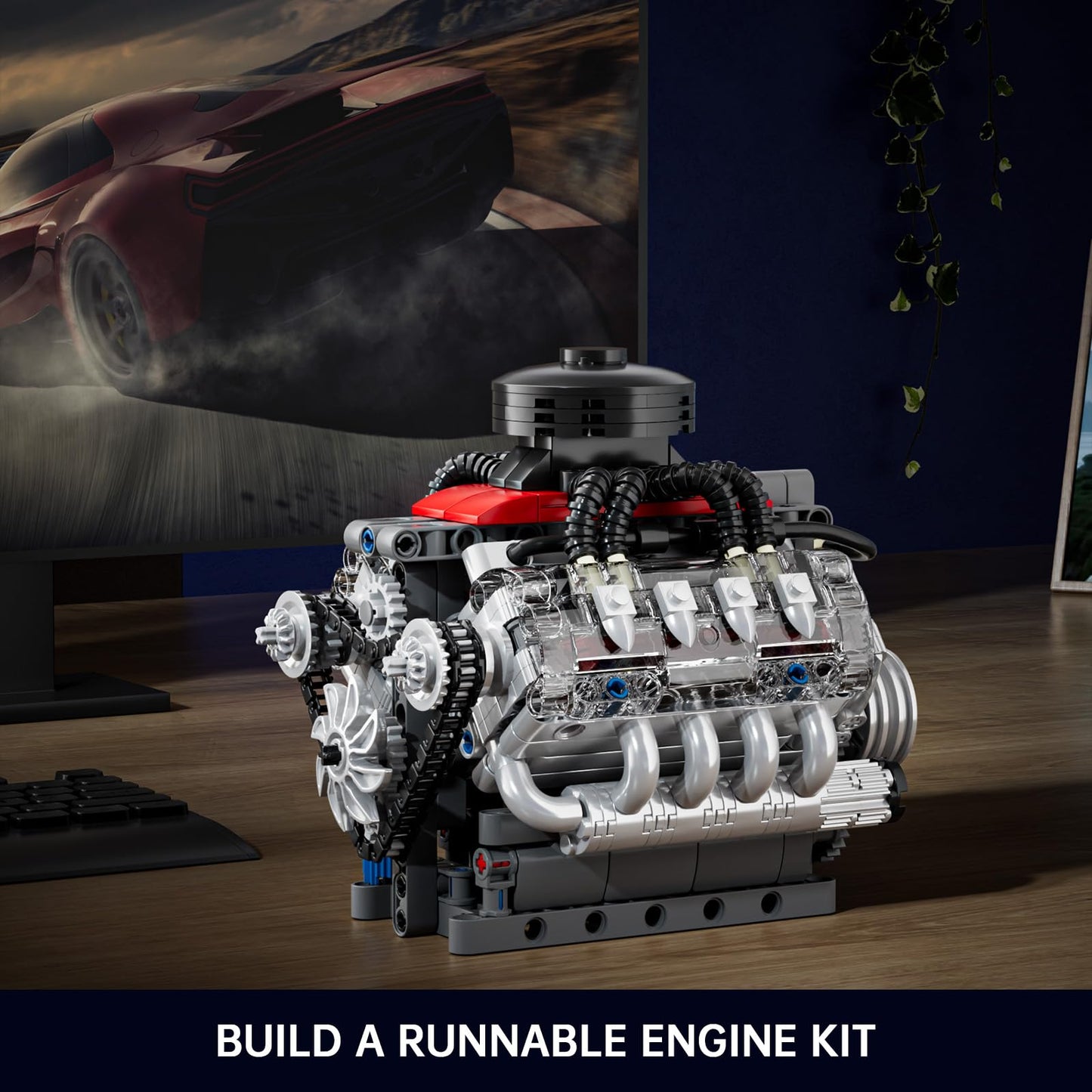 Mould King Mini V8 Engine Kit - 487 Pcs STEM Toy for Teens & Adults, 4.4"x6.1"x5.4", Plastic, Model FT-10171-