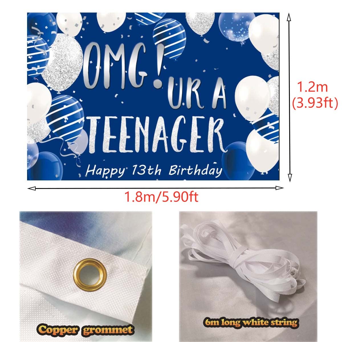 13th Birthday Backdrop Banner, OMG UR a Teenager 13th Birthday Photography Background Blue Silver, Happy 13th Birthday Decoratio