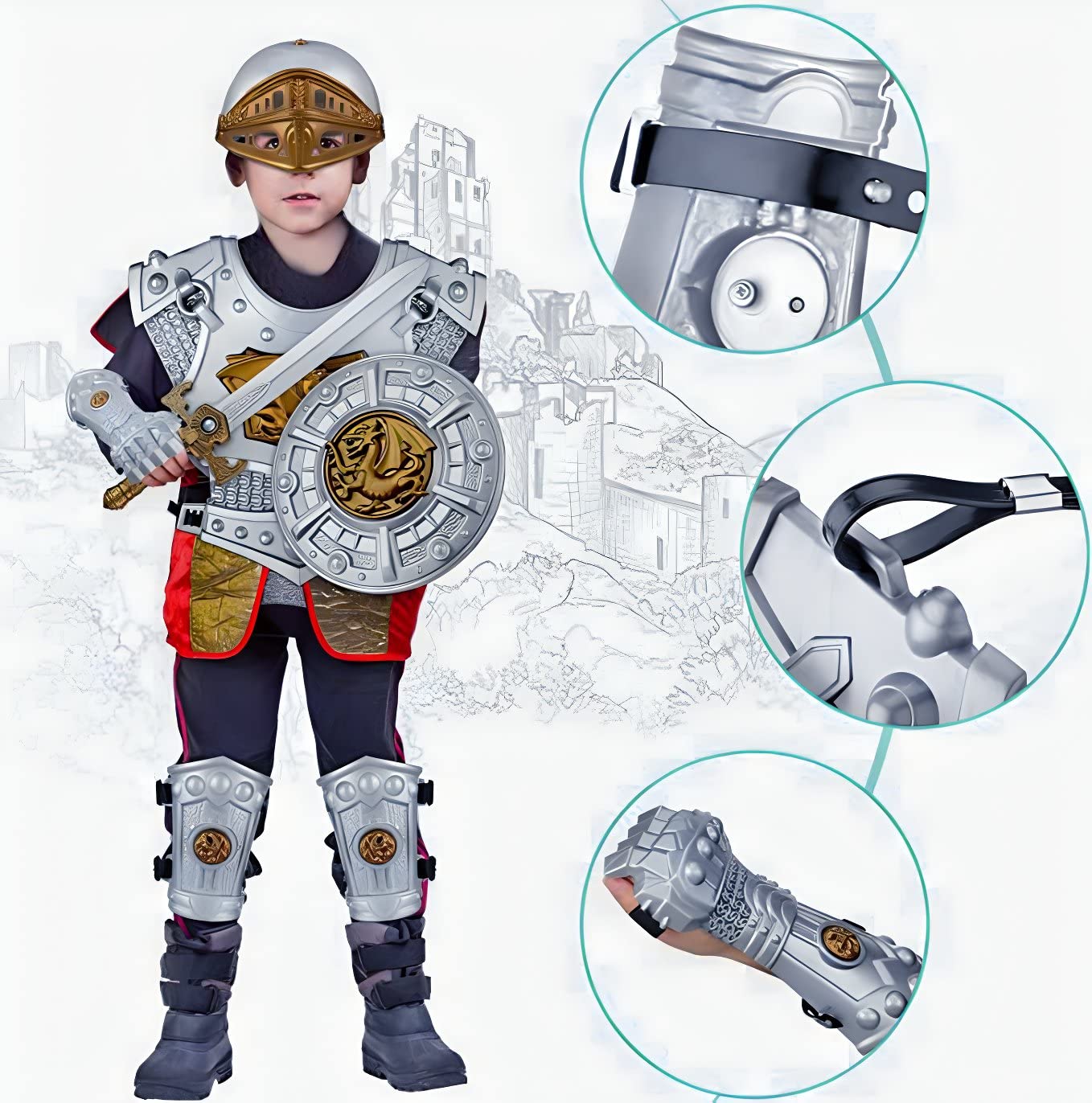 Medieval Knight in Shining protective covering  Kids Crusader Pretend Role Play Plastic Costume Dress Up Cosplay with Toy decorative replica blades  Axe  Shield   & Accessories Playset