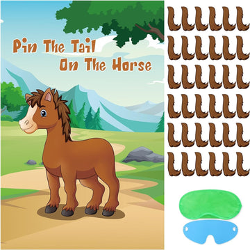 Hooqict Pin The Tail On The Horse Game For Kids Girls Horse Birthday Party Decorations Horse Party Favors, Large Horse Poster With 30 Tails Stickers