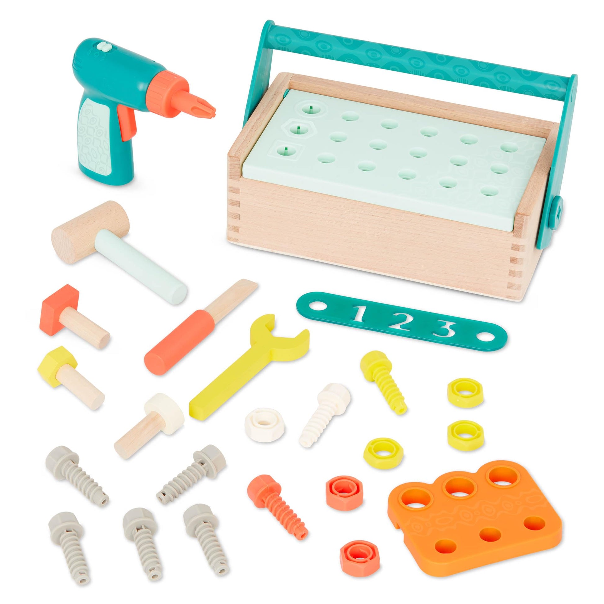 B. toys- Fix n Play Kit- Pretend Play Tool Box - Wooden Toolbox & Accessories (25 Pcs) - Carpenter Set for Kids - Play Set with 