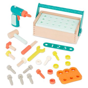 B. toys- Fix n Play Kit- Pretend Play Tool Box - Wooden Toolbox & Accessories (25 Pcs) - Carpenter Set for Kids - Play Set with 