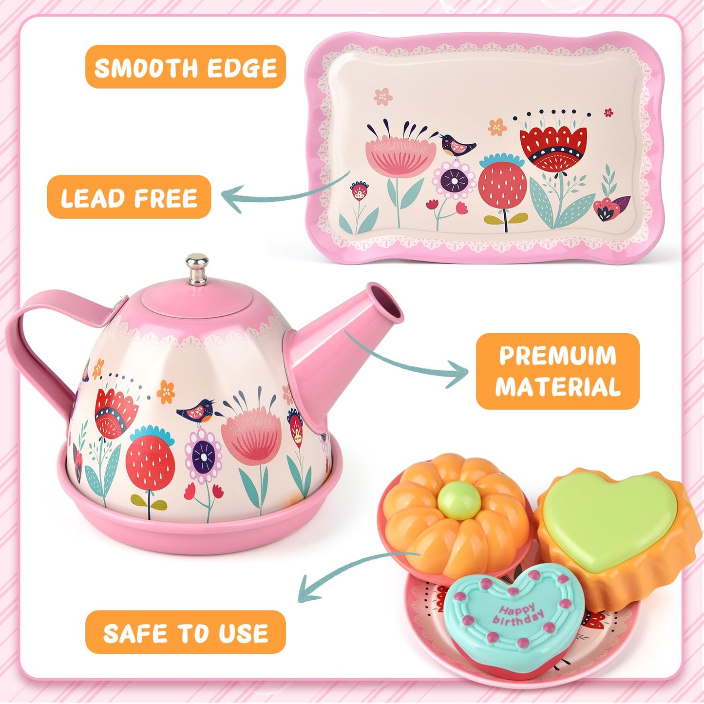 Tea Party Set for Little Girls, Flower Tea Set Toys for Girls Age 3 4 5 6 Year Old, Toddler Kids Kitchen Pretend Play Toys with