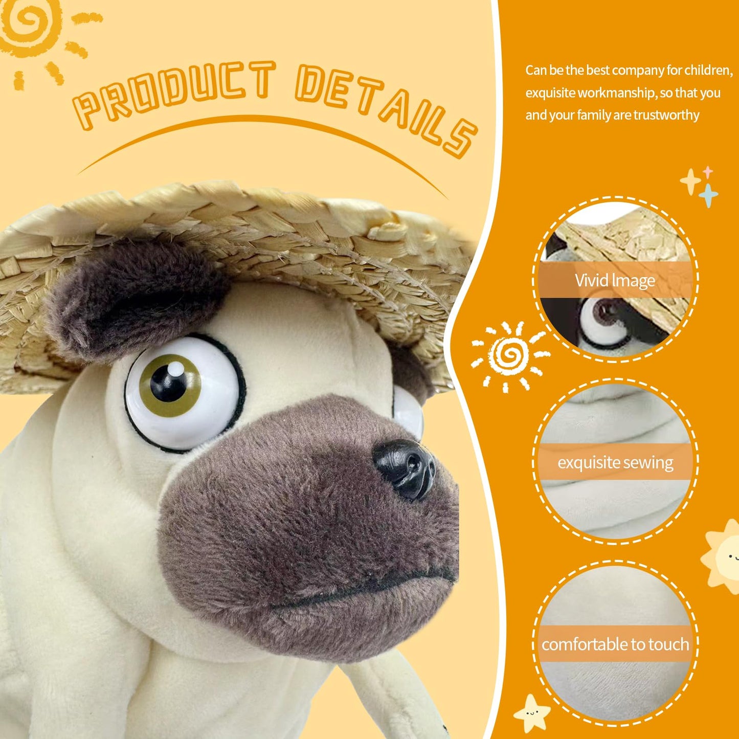 Cwzy Hilarious Pug Stuffed Animal With Straw Hat - 6' Funny Ugly Cute Pug Dog Plush Toy, Weirdo Stuffed Animal Pug Plushies For Kids Boys Adults Valentines Birthdays Gift