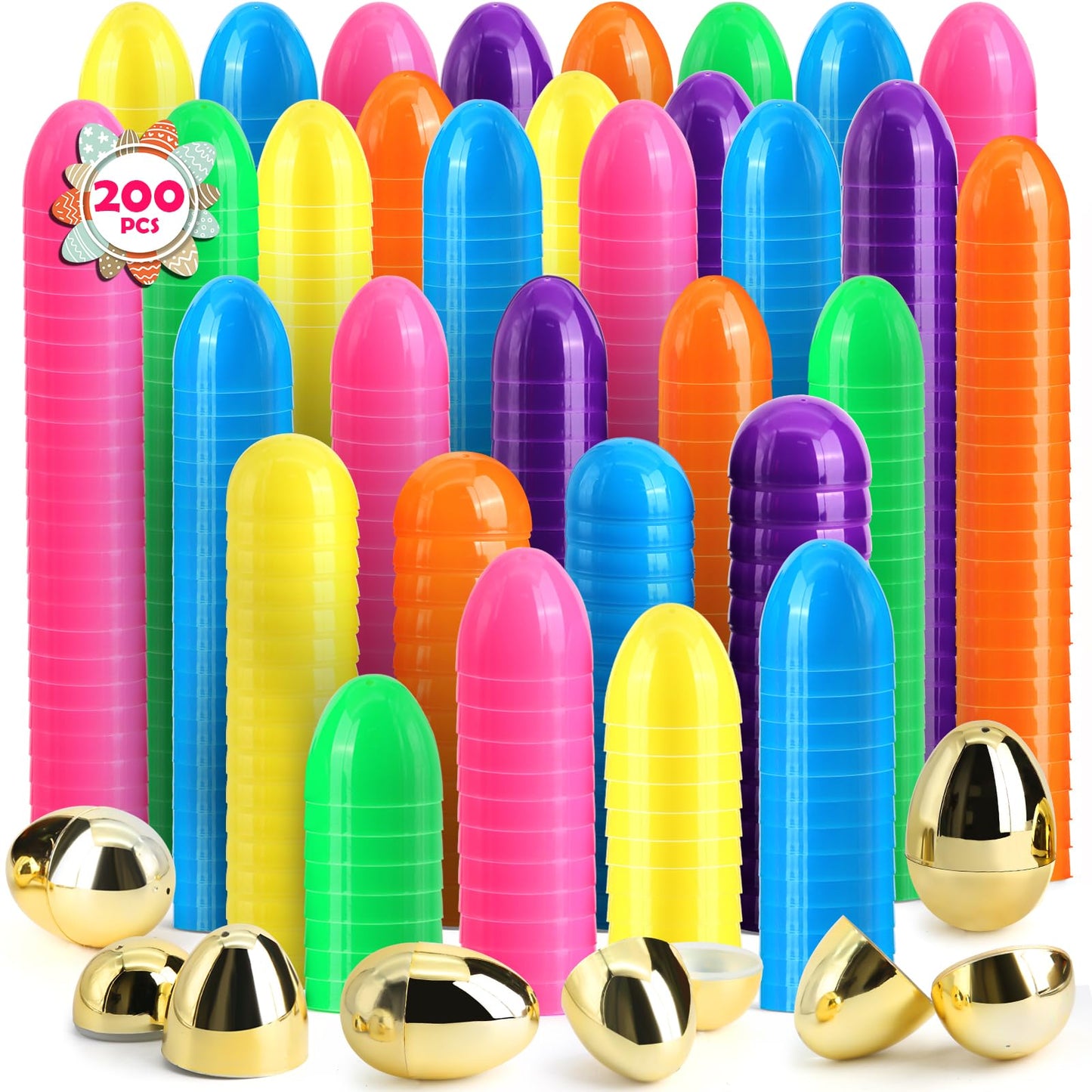 Surcvio [6 Surprise Golden Eggs] 200 Pack 2.3 Inch Plastic Easter Eggs, Empty Easter Eggs Fillable, Bright Colors Plastic Eggs B
