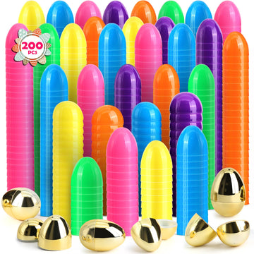 Surcvio [6 Surprise Golden Eggs] 200 Pack 2.3 Inch Plastic Easter Eggs, Empty Easter Eggs Fillable, Bright Colors Plastic Eggs B