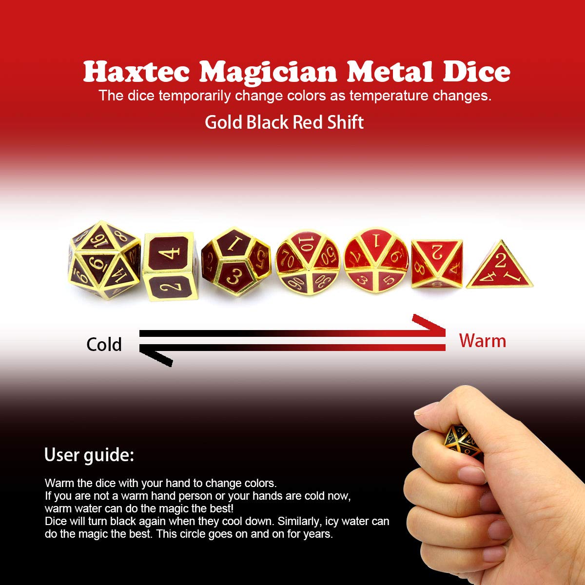 Haxtec Metal DND Dice Set Heat Sensitive Color Changing Metal Dice Polyhedral D&D Dice for RPG Dungeons and Dragons-Gold Black R