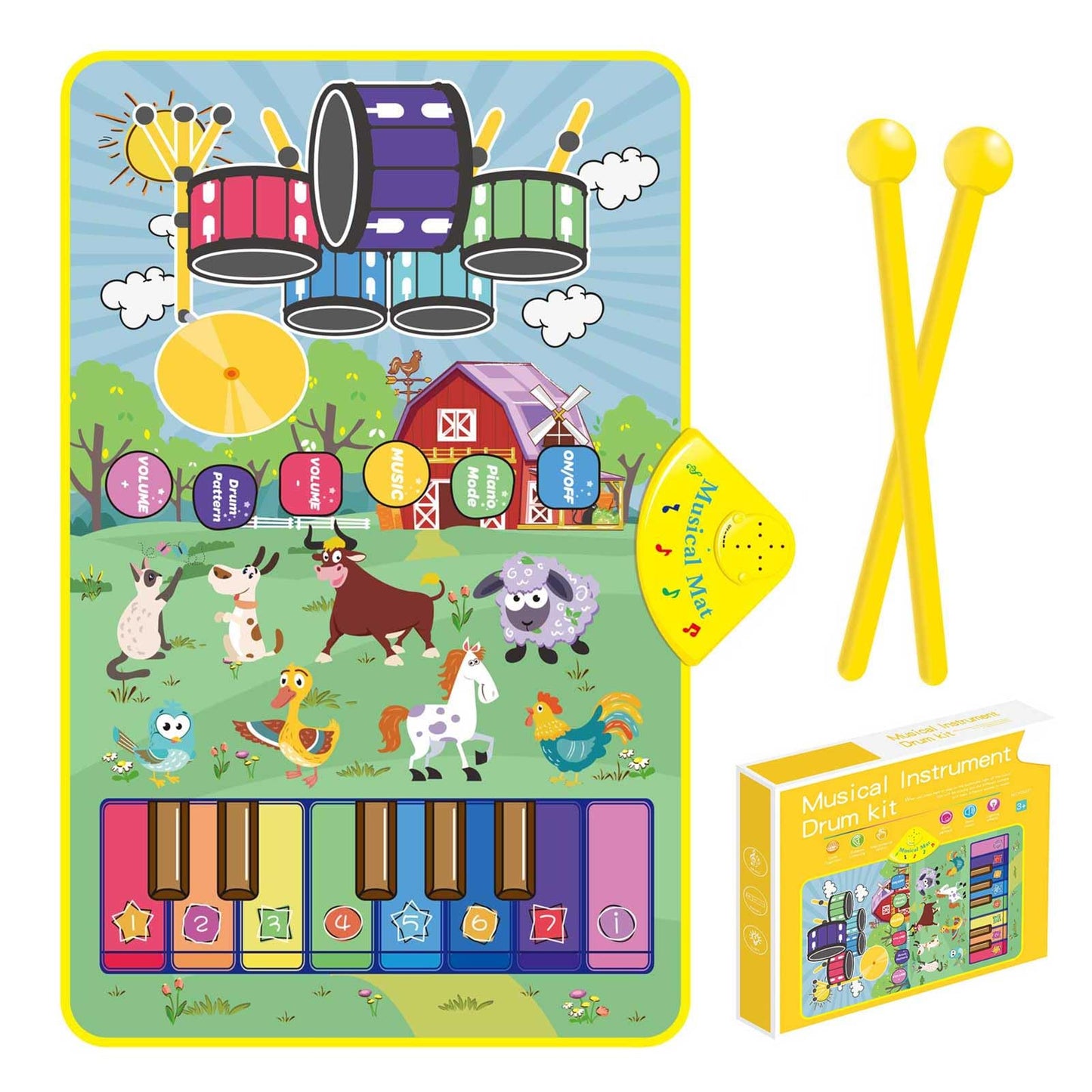 Musical Farm Animals Sounds Piano Mat for Kids, Sensory Educational Learning Toy with Drumset for Toddlers, Interactive Floor To
