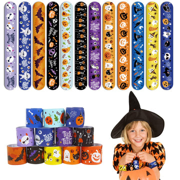 KIMOBER 48PCS Halloween Slap Bracelets,Assorted Snap Wristbands with Pumpkin Witches Ghost Skeleton for Kids Party Favors