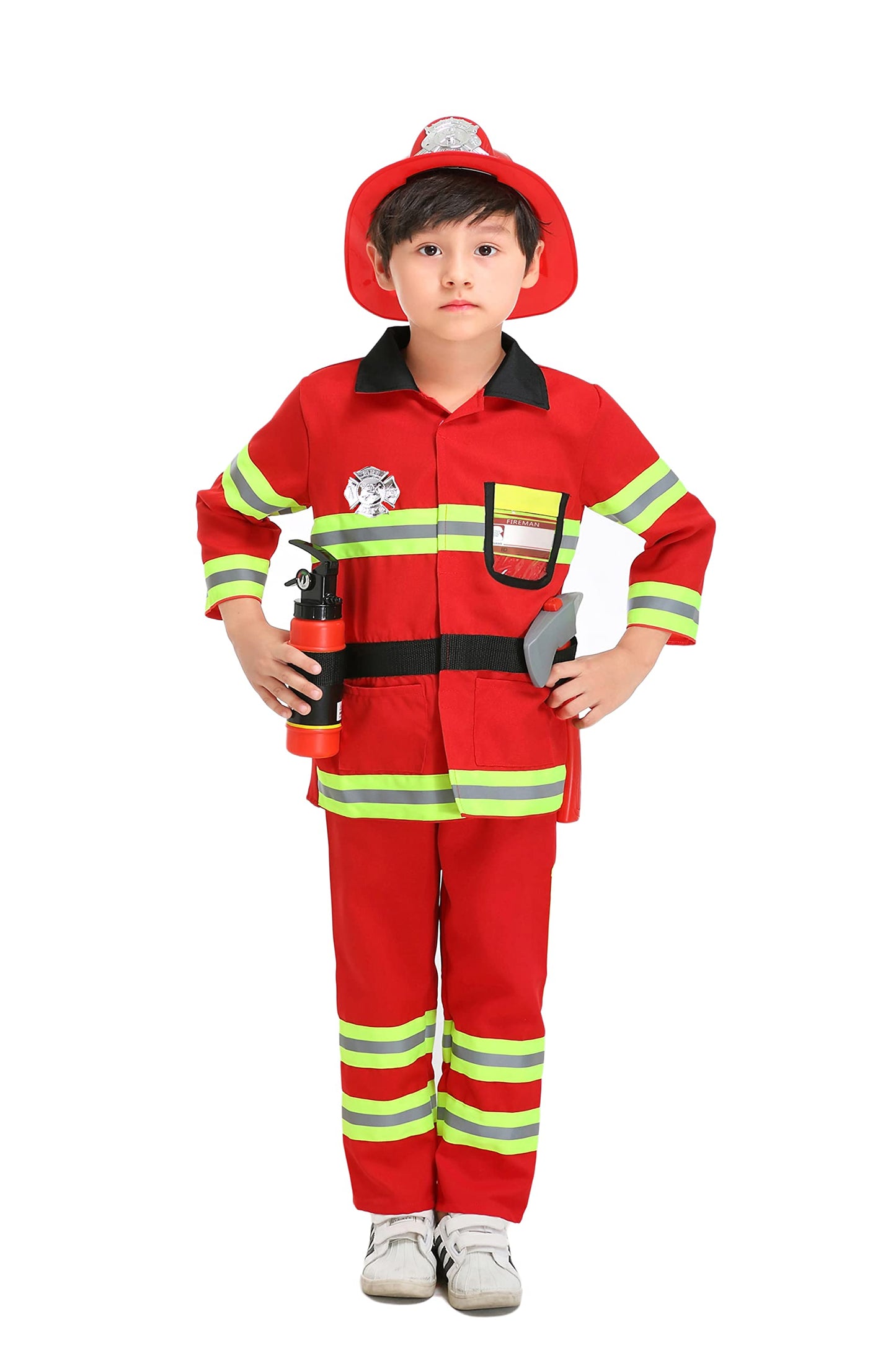 Yolsun Fireman Costume For Kids, Boys' And Girls' Firefighter Dress Up, Fire Fighter With Toy Accessories Set Halloween Role Play(Red,2-3 Years)
