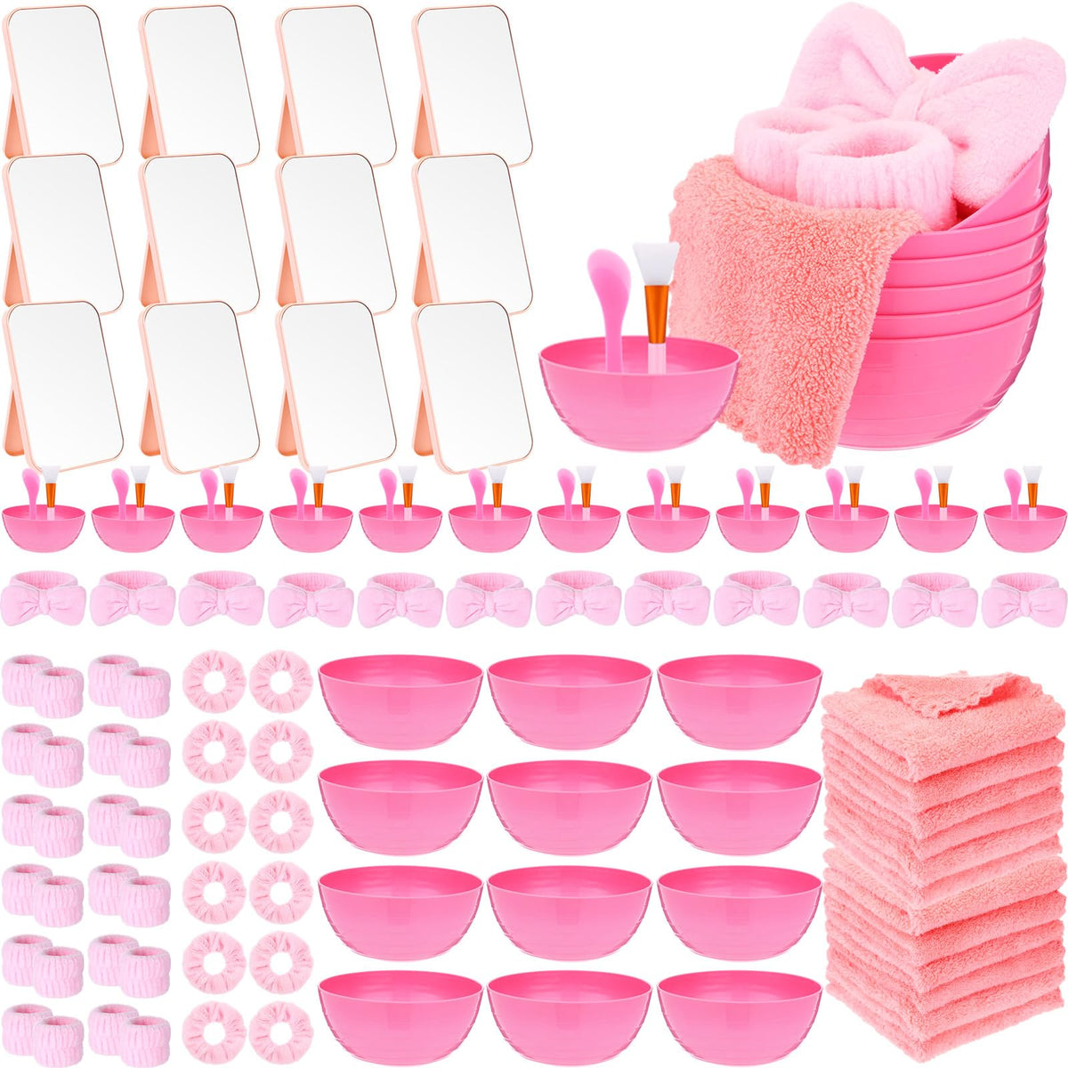 Honeydak 12 Set Spa Party Favors for Girls Pink Sleepover Party Supplies Facial Mask Bowl Set Spatula Brush Silicone Brush Mirro