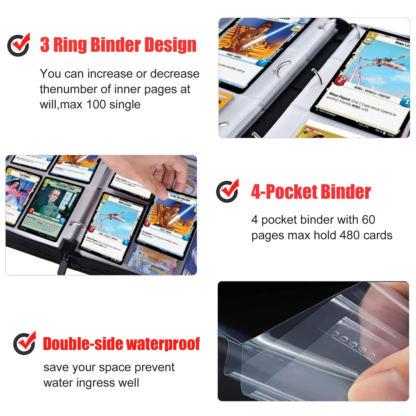Card Binder for Trading Cards 4 Pocket with 50 Sleeves up to 400 Cards Waterproof Card Storage Bag with Sleeves for Playing Game Cards