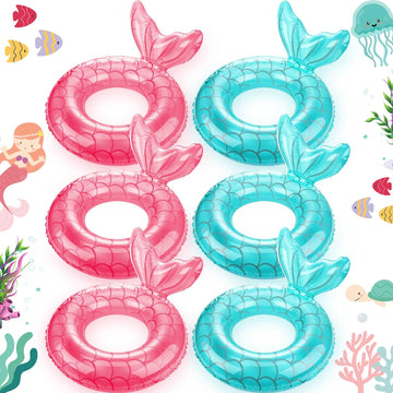 Junkin 6 Pcs Mermaid Tail Pool Floaties Inflatable Swim Float Mermaid Pool Ring 23.6 Inch Inflatable Ring Floatie Summer Beach P
