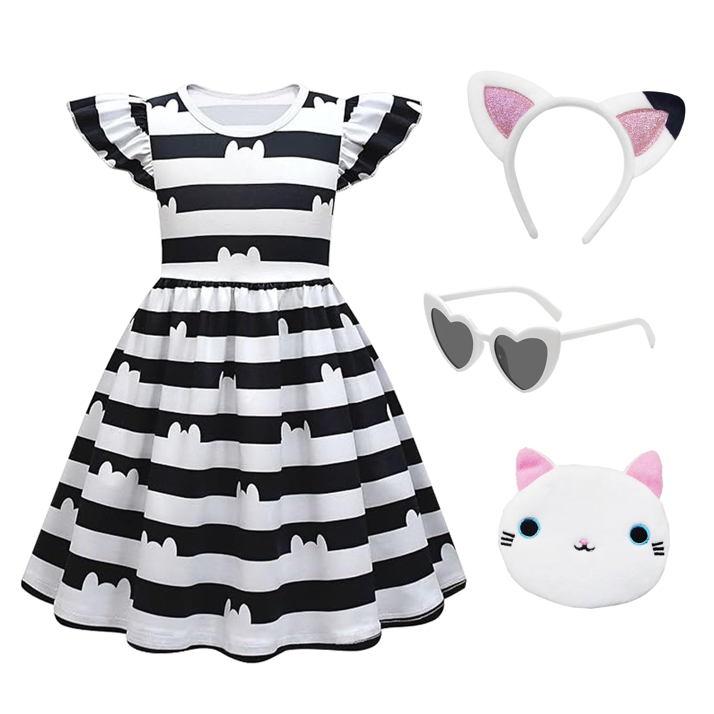 YODISON Cat Dollhouse Costume Ruffle Sleeve Casual Dresses With Headband Wallet And Glasses Halloween Birthday Party Outfits For