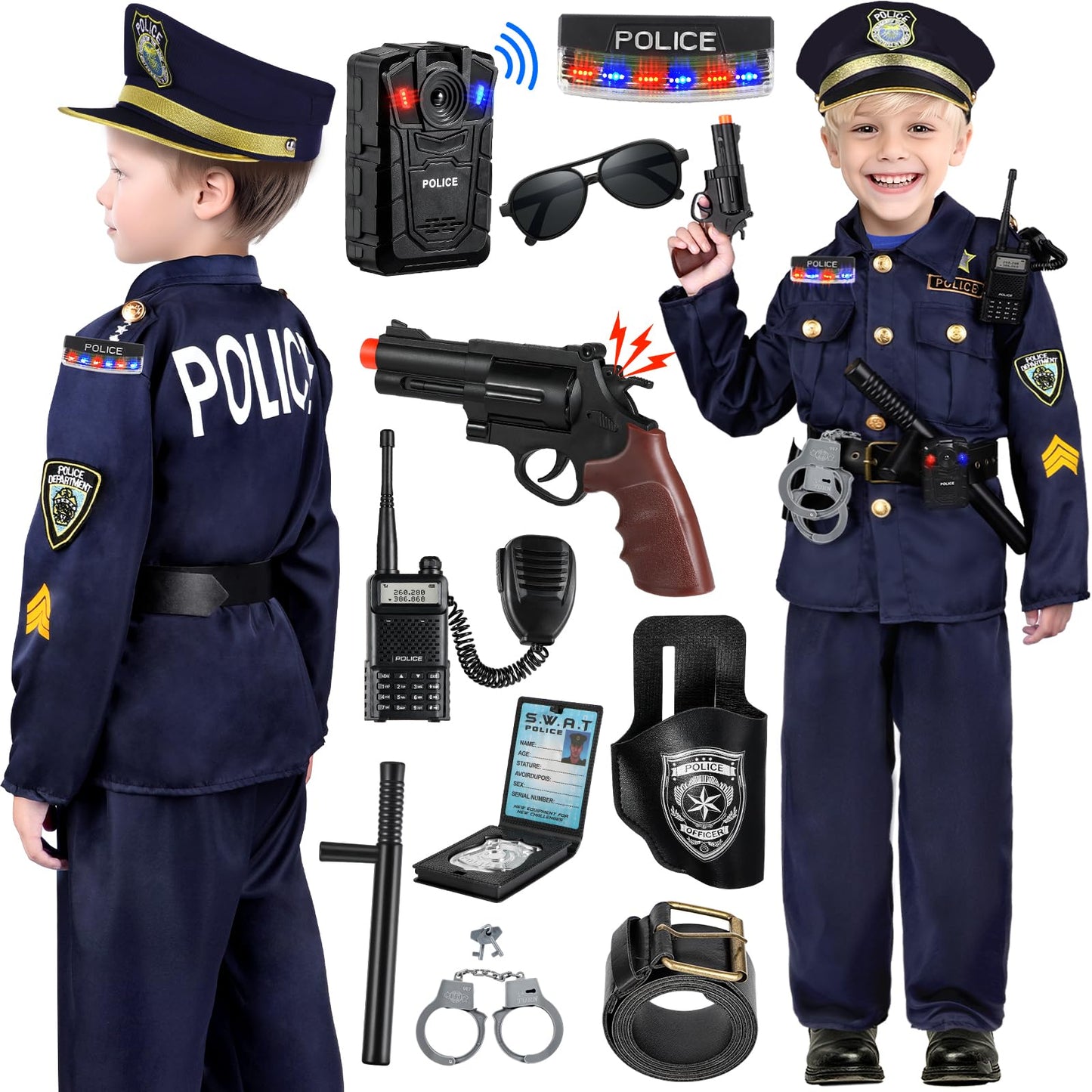 Tepsmigo Police Officer Costume For Kids, Police Costume For Kids With Police Uniform, Recorder, Shoulder Police Lights, Hallowe