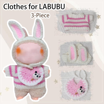 Clothes for Labubu 17cm Labubu Accessories Crochet 3 Piece Set Outfits for Labubu(Pink Rabbit)