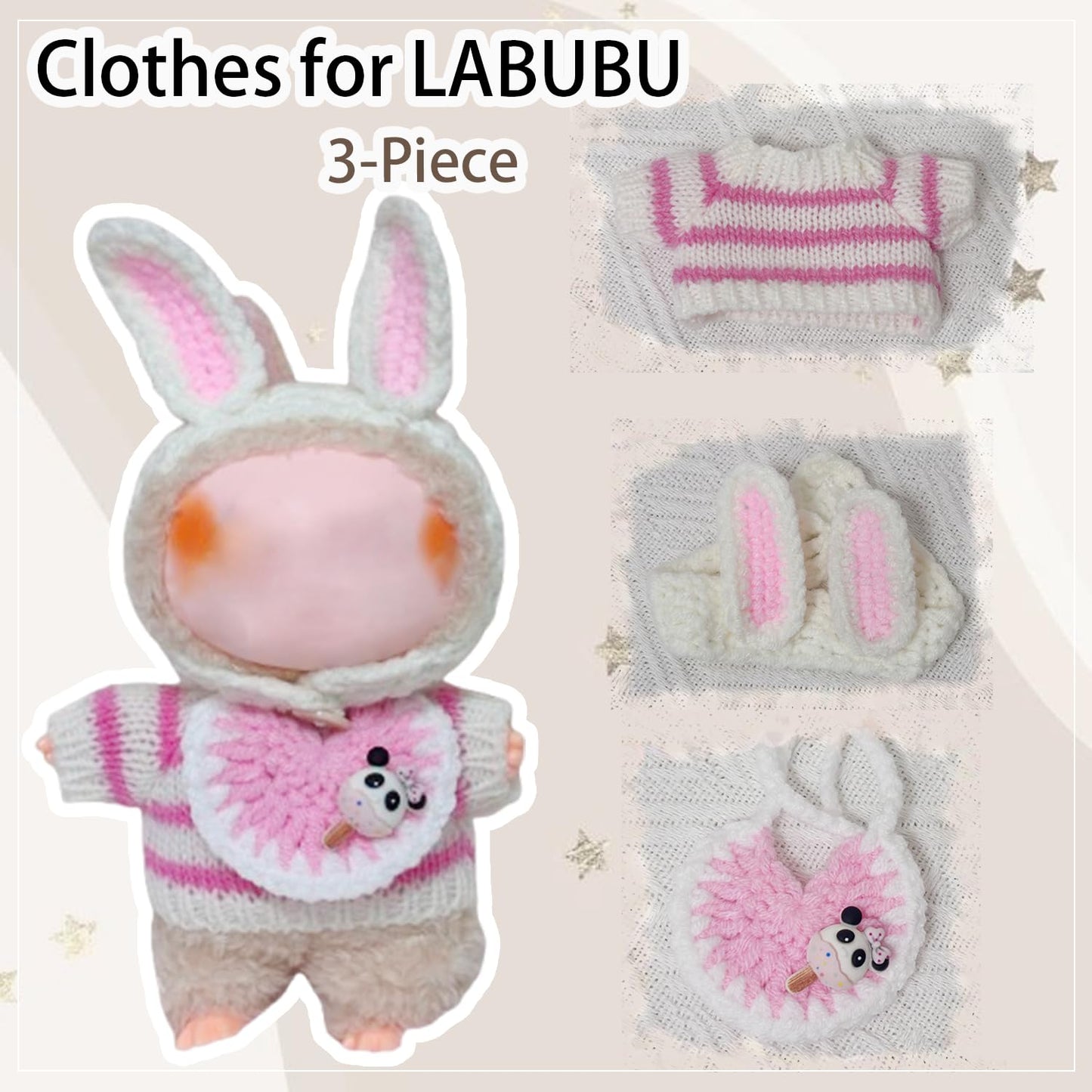 Clothes for Labubu 17cm Labubu Accessories Crochet 3 Piece Set Outfits for Labubu(Pink Rabbit)