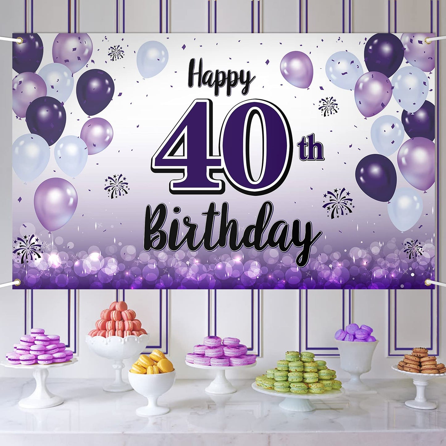 LASKYER Happy 40th Birthday Decorations,40th Purple Balloon Large Birthday Banner Backdrop Sign,Cheers to Forty Years Old Bday P