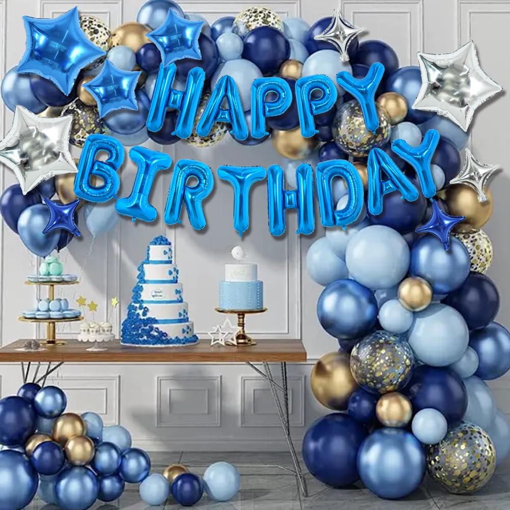 TONIFUL 35PCS 16 Inch Blue Happy Birthday Balloon Blue Happy Birthday Balloons Decorations with Star Balloons for Girls Boys Kid