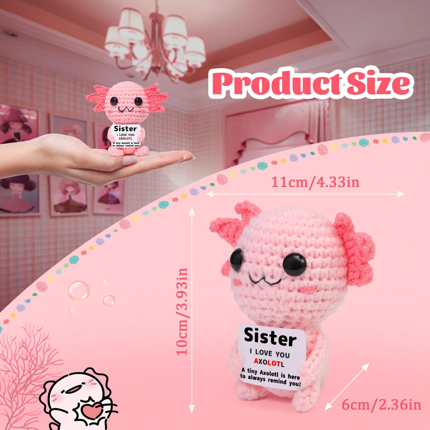 OkiyiD Mini Funny Crochet Axolotl Love Gifts for Sister  Small Handmade Axolotl Toy with 'I Love You A LOT' Card  Heartwarming Birthday Xmas Graduation Gifts from Sisters