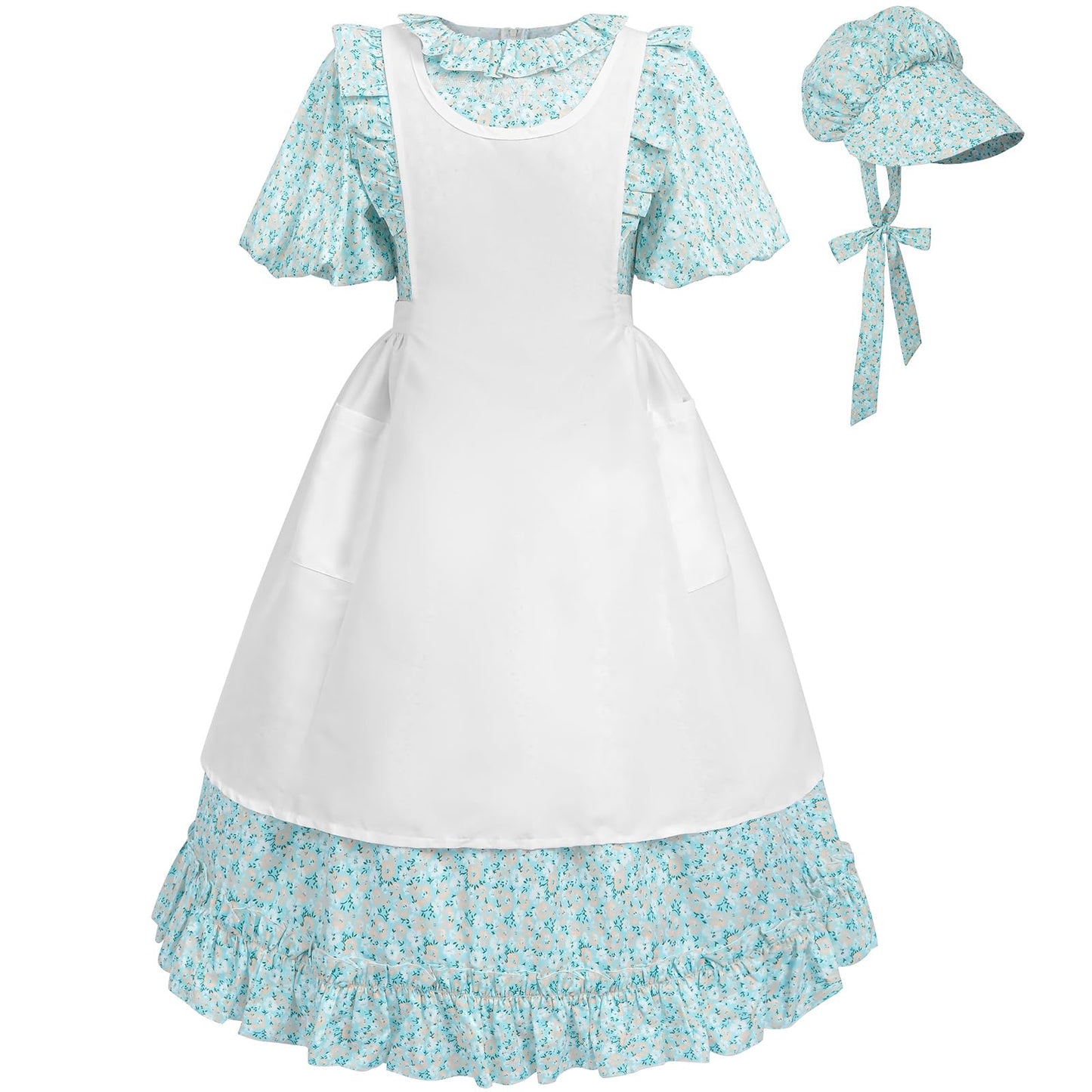 Fccam Colonial Pioneer Dresses For Girls Short Sleeve Floral Prairie Costume Green L