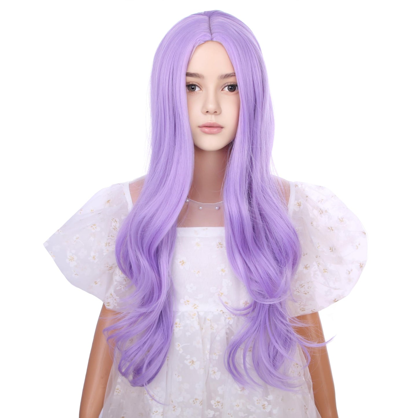 DUDUWIG Child Lavender Purple Wig Kids Long Light Purple Middle Part Wig Long Wavy Curly Wigs for Girls Heat Resistant Synthetic