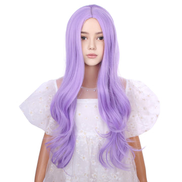 DUDUWIG Child Lavender Purple Wig Kids Long Light Purple Middle Part Wig Long Wavy Curly Wigs for Girls Heat Resistant Synthetic