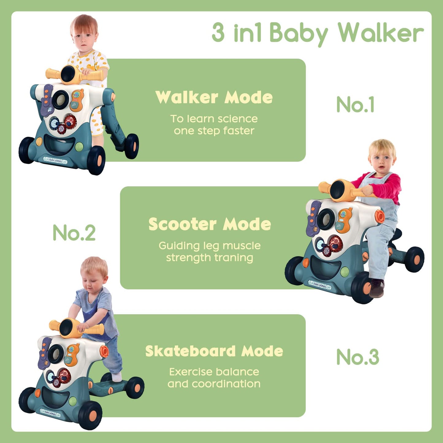 Baby Sit-To-Stand Learning Walker, 3 In 1 Baby Walker For Boys Girls Toddlers, Educational Baby Push Walkers With Entertainment