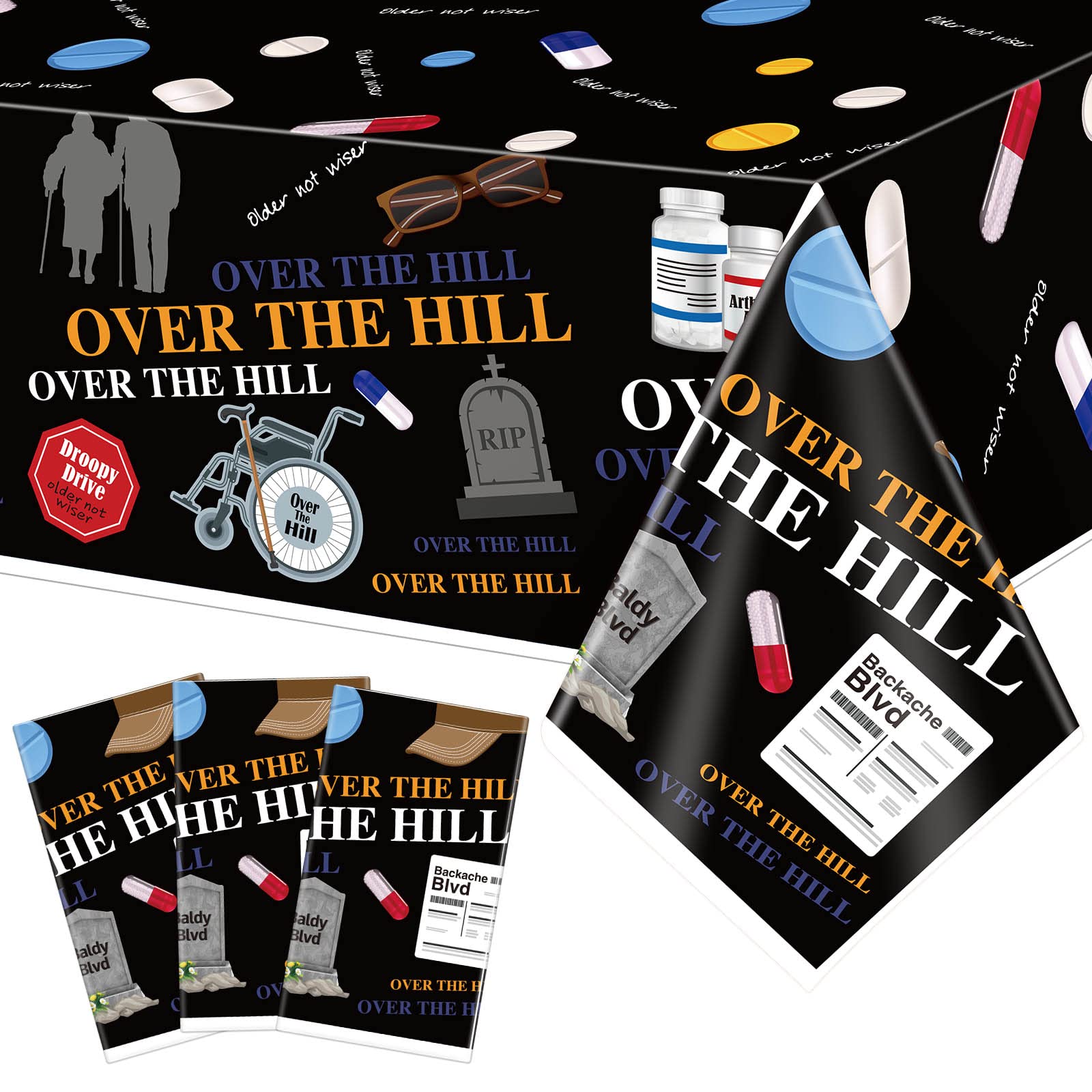 3 Pcs Over The Hill Party Supplies Old Age Themed Party Tablecloth 50th/ 60th/ 70th Birthday Tablecover Plastic Disposable Recta