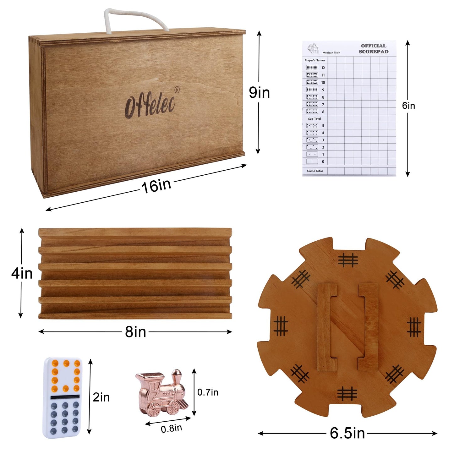 Offelec Mexican Train Double 12 Dominoes Set With Wooden Box, Domino Tile Board Games With 8Pcs Trays, 9 Markers, 91 Tiles, 2 Sc