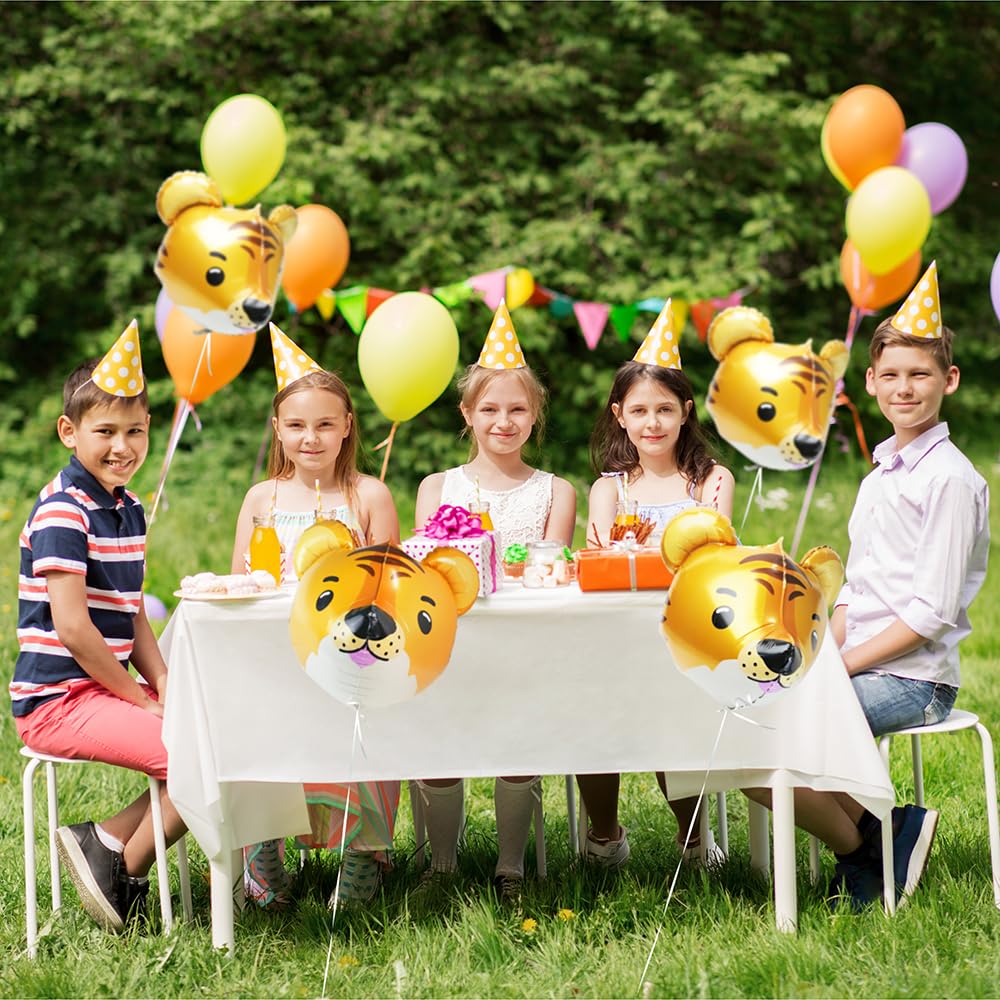 4D Wild Woodland Jungle Tiger Head Balloons Farm Zoo Safari Animal Tiger Balloons, 4 Pack 23'' Tiger Helium Mylar Foil Balloons
