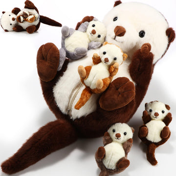 Shappy 5 Pcs Sea Otter Stuffed Animals Large Mommy Sea Otter Stuffy Plush With 4 Cute Babies In Her Zippered Belly Soft Cuddly Plushies For Boys Girls Birthday Gifts Ocean Party Decors(Brown)