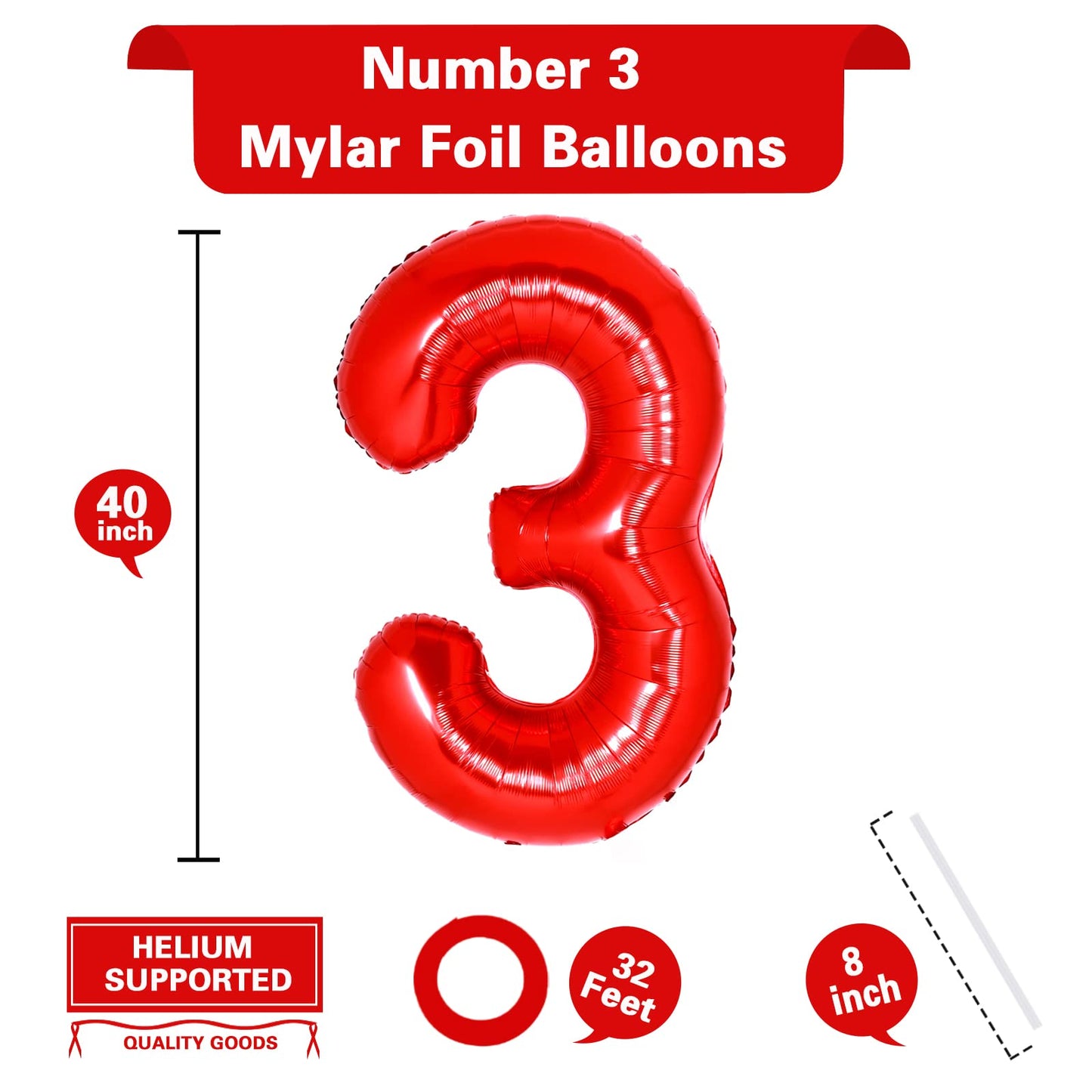 40 Inch Giant Red Number 3 Balloon, Helium Mylar Foil Number Balloons For Birthday Party, 3Rd Birthday Decorations For Kids, Ann