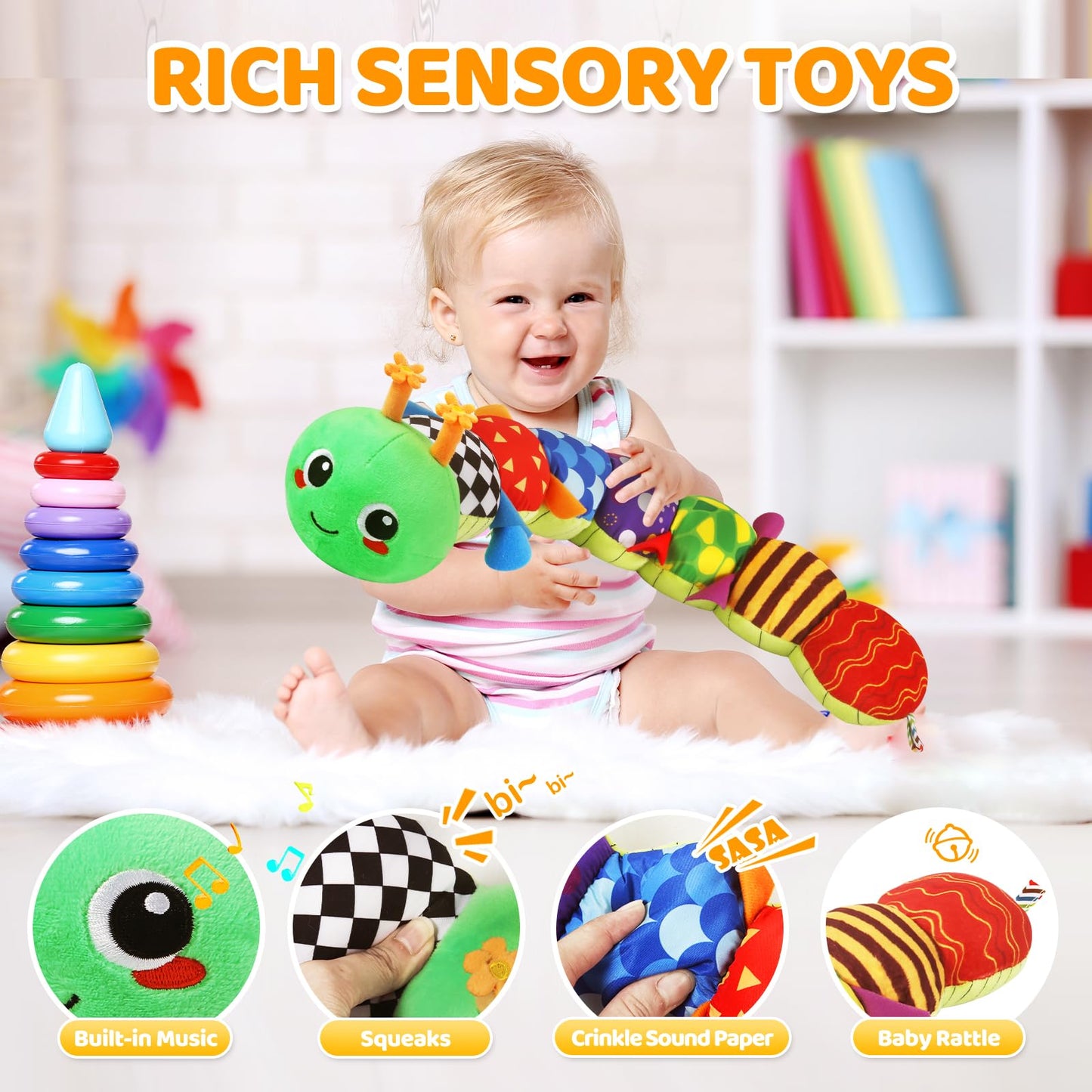 Kmuysl Baby Toys 0-6 6-12 Months, Sensory Music Animal Stuffed Toy For 0 1 2 3 4 5 6+ Months, Plush Toy With Crinkle And Rattles