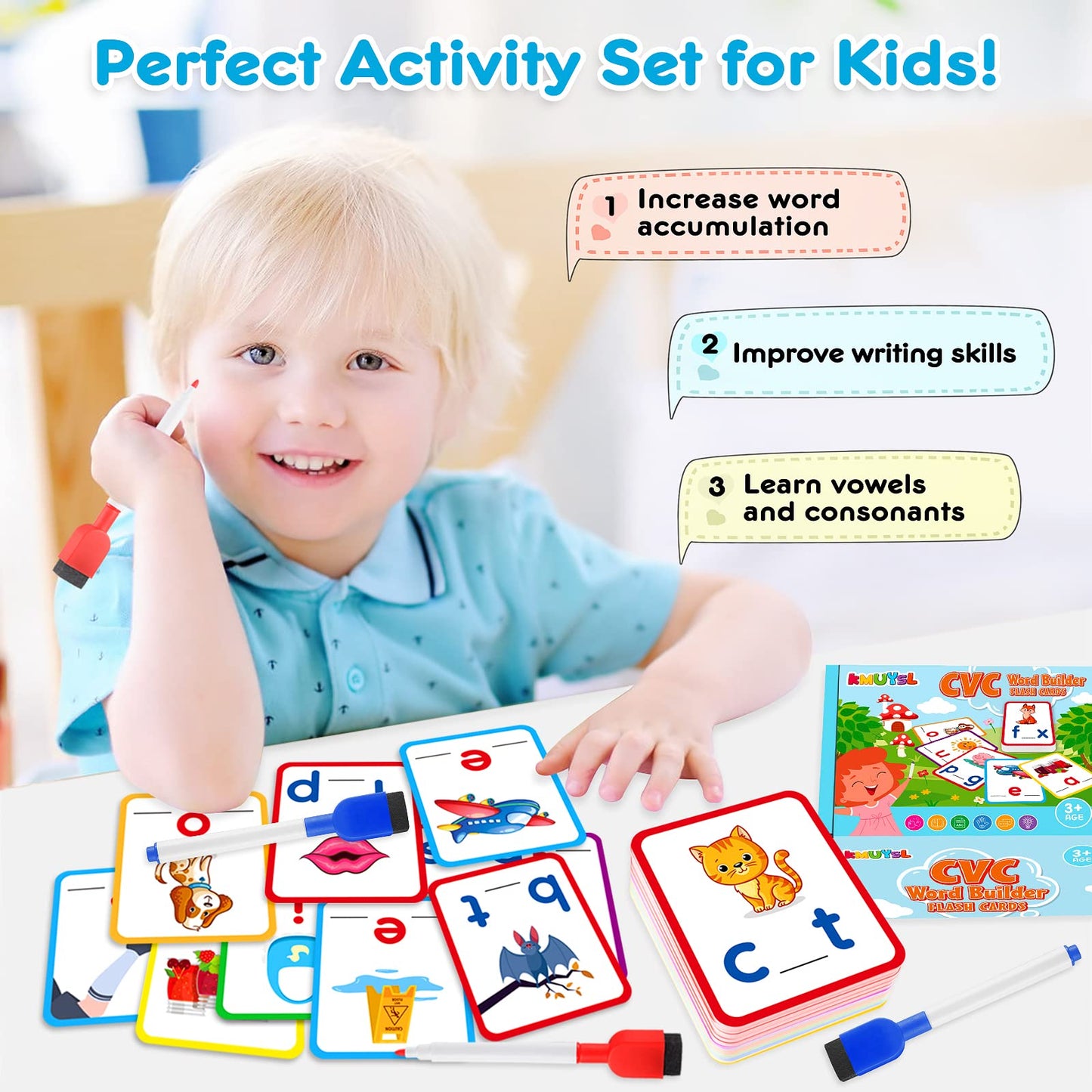 Kmuysl Learning Toys For 2 3 4 5 Years Olds Boys Girls, Short Vowel Spelling Flashcards, Cvc Sight Words Handwriting Cards, Learn To Write Phonics Flash Cards, Presschool Educational Toy For Kids