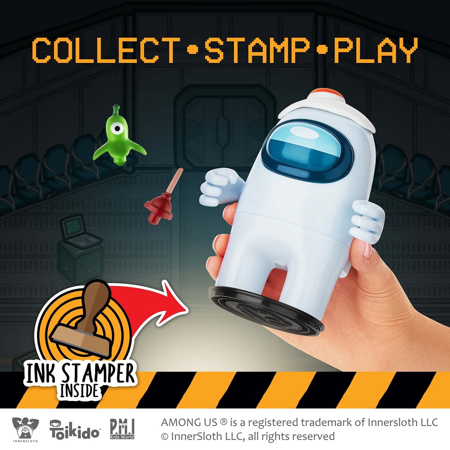 P.M.I. Among Us Crewmate Figure With Stamper | 4.5-Inch-Tall Among Us Toy + 3 Hidden Accessories| Among Us Party Favors And Playable Collectibles | Crewmate In The Egg Hat