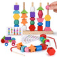 Montessori Bead Sequencing Toy Set, Wooden Stacking Blocks & Lacing Beads & Matching Shape Colors Stacker, Montessori Toys for 2