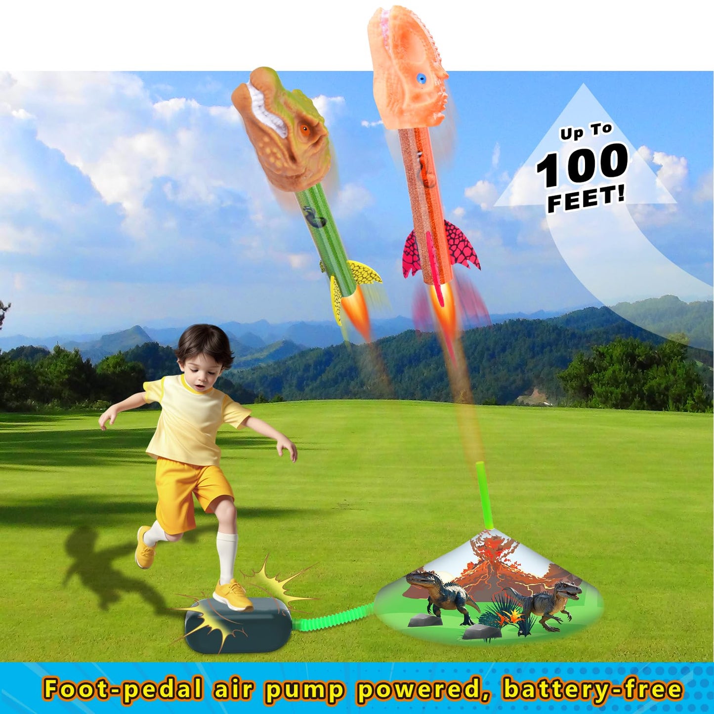 Otoseth Dinosaur Toys Rocket Launcher For Kids, 4 Rockets With Launcher Pad, Launch Up To 100 Ft, Dinosaur Toys For Kids, Outdoo