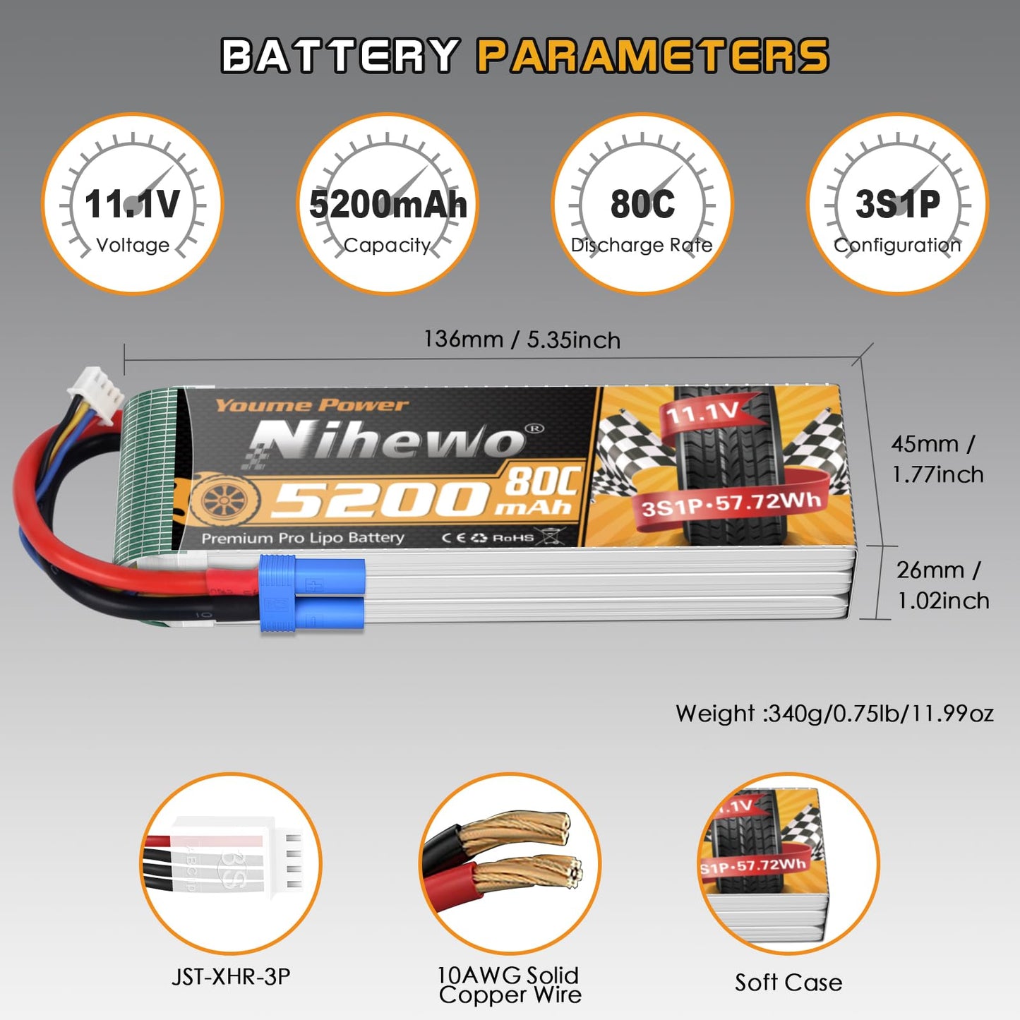Nihewo 2Packs 3S Lipo Battery, RC Lipo Battery 11.1V 5200mAh 80C EC5 Connector Compatible with Arrma Axial 1/8 1/10 RC Car Truck