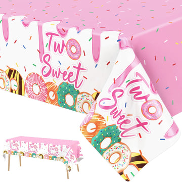 3 Pack Two Sweet Donut Birthday Party Tablecloths Decorations Girls Donut Themed Plastic Table Covers For Baby Girl 2Nd Birthday Party Supplies Pink Donut Party Favors Table Decor 54 X 108 Inch