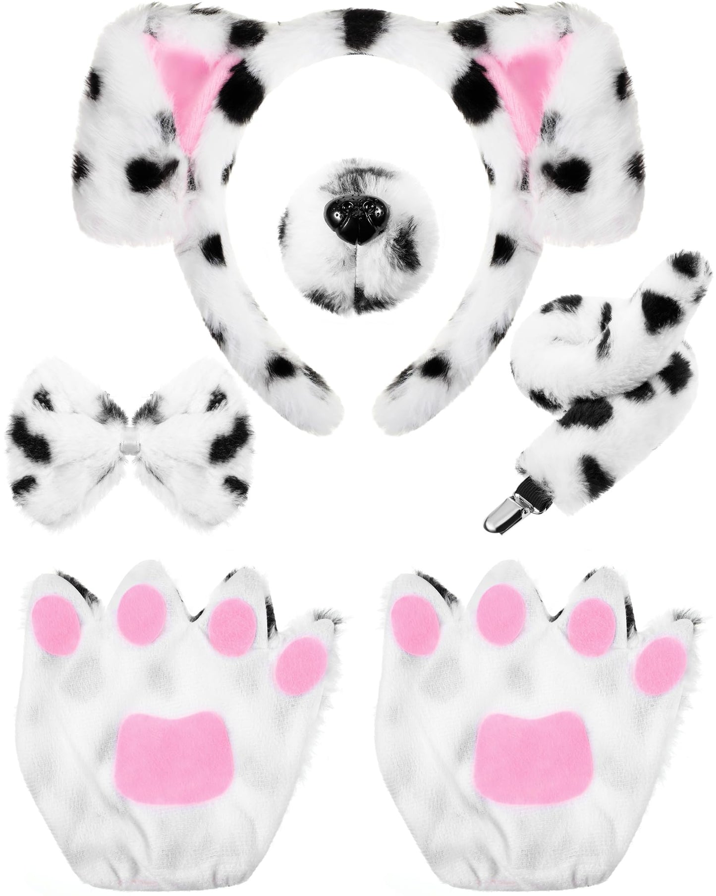 Syhood Puppy Dog Costume Set Kids Dog Ears Headband Bowtie Nose Tail Paw Gloves Puppy Animal Costume For Halloween Carnival World Book Day(Black White,Simple Style)