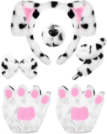 Syhood Puppy Dog Costume Set Kids Dog Ears Headband Bowtie Nose Tail Paw Gloves Puppy Animal Costume For Halloween Carnival World Book Day(Black White,Simple Style)