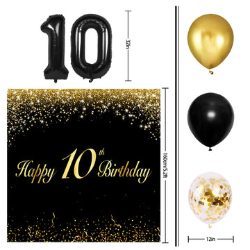 Happy 10Th Birthday Balloons Black Set Decor - Cheers To 10 Years Old Party Theme Garland Banner Backdrop Decorations For Boy An