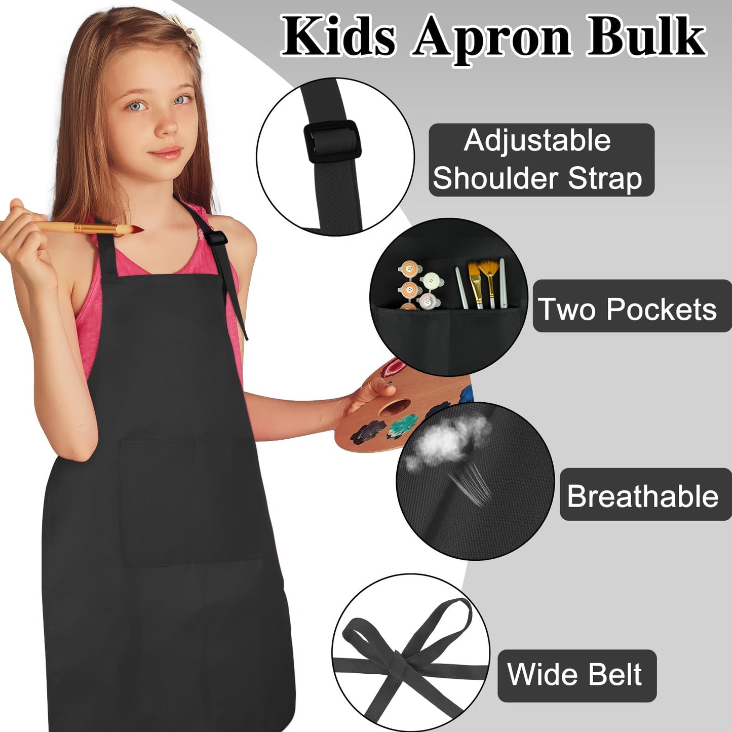 BOUBONI 24 Pack Kids Apron Bulk with 2 Pockets Adjustable Chef Art Apron Kids Painting Aprons for Cooking Baking Painting Crafti