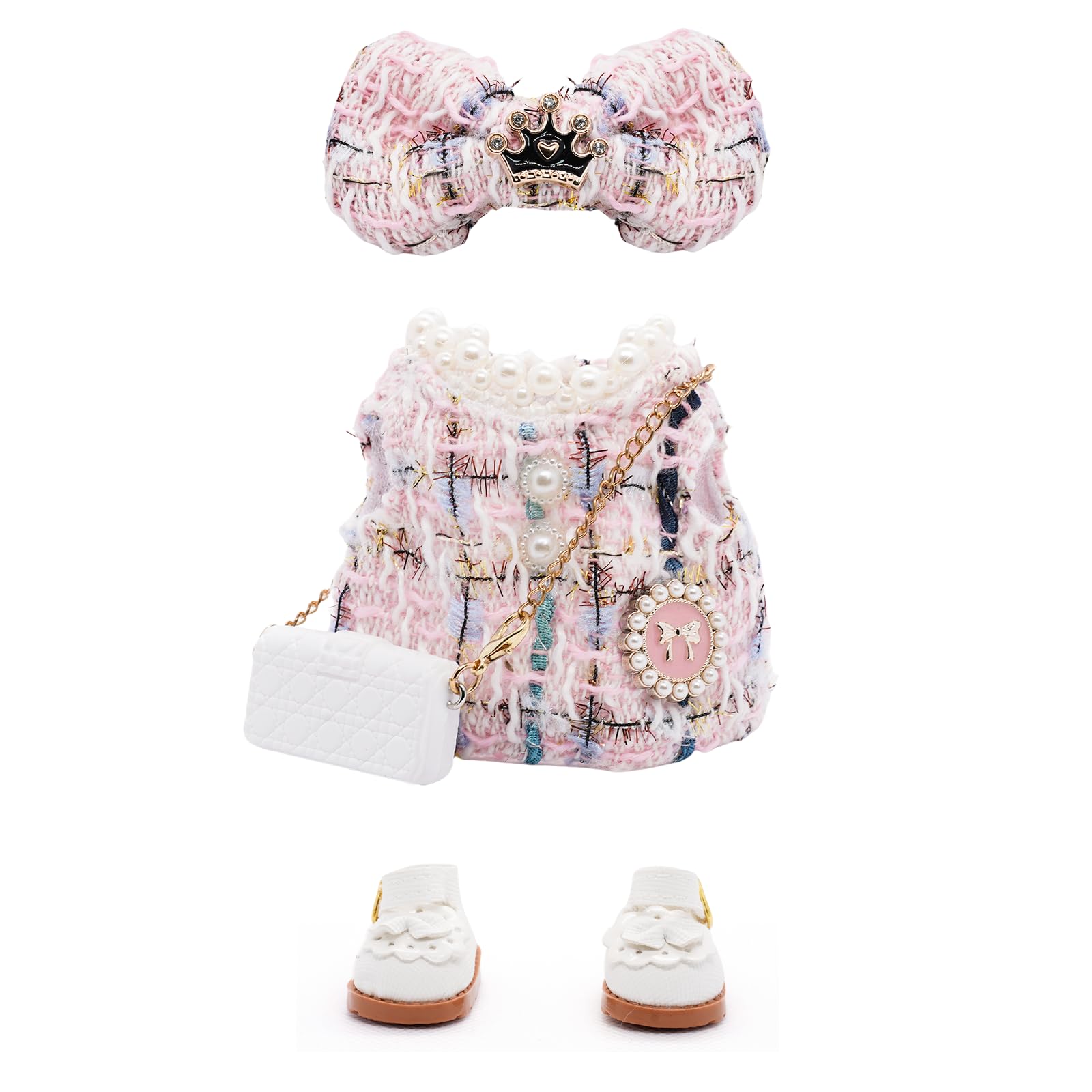 LYBHYQTII Clothes for 17cm Dolls  enhanced Dolls Accessories with Chic Sweet Pink Bow Dress Outfit  High-End Fashion Set for Play & Display (Including White Princess Shoes) - White