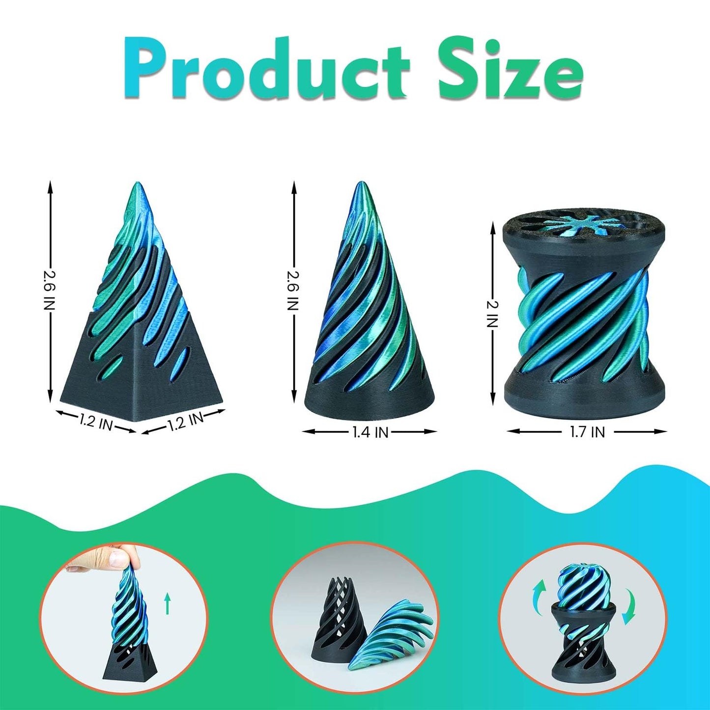 3PCS Impossible Cone 3D Printed Spiral Cone Fidget Toys Impossible Pyramid Passthrough Sculpture Stress Relieving Toys for mature-themeds and Kids Stocking Filler White Elephant Gifts (Green+Black)