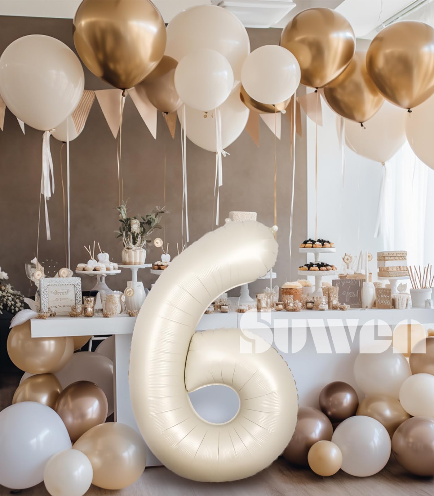 Suwen Cream White 40 Inch Number Balloon 6, Safe Material, Jumbo Mylar Birthday Party Decorations For Boy Or Girl Anniversary Pa